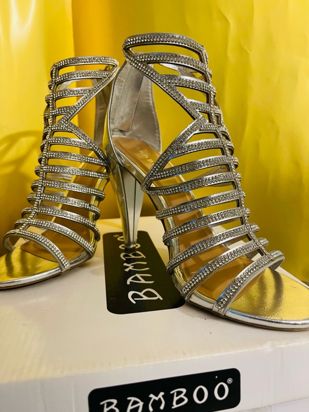BAMBOO Silver Strappy Rhinestone High Heels